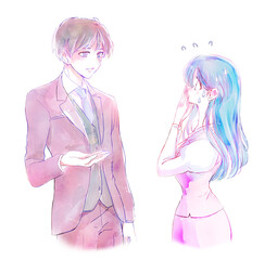 困っている女性に説明をする男性　会社員