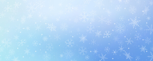 Christmas snowy background. Cold white blue winter sky. Vector ice blizzard on gradient texture with flakes. Festive new year theme for season sale wallpaper.