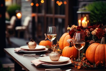 Naklejka na ściany i meble Thanksgiving table setting outdoors with pumpkins and candles. Autumn home decoration