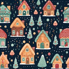 Gingerbread Village on Christmas, New year and other holidays with seamless pattern