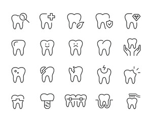 Dentist, tooth icons, such as dentist, clean, protect, treat, oral, Healthy, caries, implants, toothache, teeth line icons set, editable stroke isolated on white, linear vector outline illustration