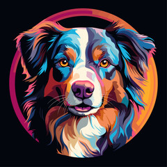 Vector Art Illustration of an Australian Shepherd Dog Cubist Style Inside a Circular Frame on a Black Background