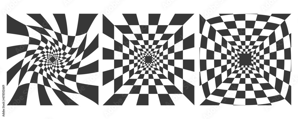Poster checkerboard black and white psychedelic pattern. optical illusion art background. chess grid abstra