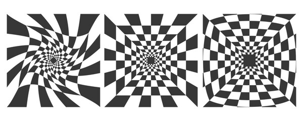 Checkerboard black and white psychedelic pattern. Optical illusion art background. Chess grid abstract Y2k square. Wavy circular vector perspective illustration.