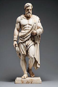 classic greek white marble male statue, with beard, with face structure like henry cavill, walking forward, full body