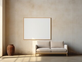 The Solitary Serenity of an Unadorned Space with a Comfortable Couch and a Captivating Blank Picture Frame. An empty room with a couch and a empty picture frame