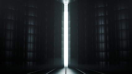 Luminous door with front view, with a mysterious glow in the middle of an environment of almost metallic walls in dark tones, with soft mist that generates atmosphere, 3d ilustration