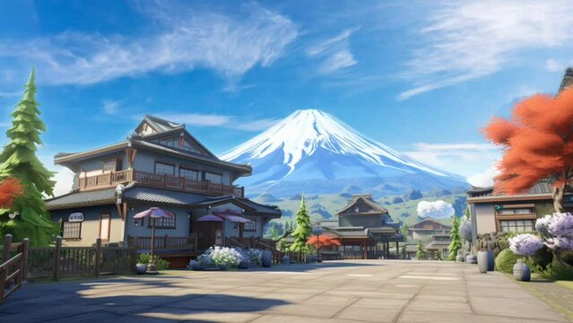Natural scenery of mountains during summer daytime in traditional Japan. seamless looping virtual video animation background. Generated with AI