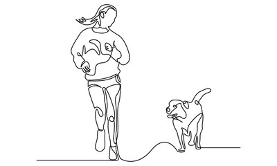 single continuous line drawing of a young woman jogging with a dog. concept of fitness, athletics, running, jogging, gym, lifestyle, exercise, puppy, pet human. Vector illustration of white background