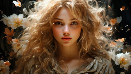 Beautiful young woman with long blond hair looking at camera generated by AI