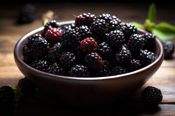 Close-up of fresh blackberries in a bowl on rustic table. Generative AI