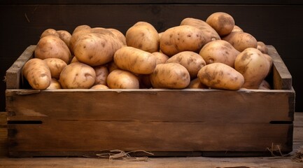 Fresh potatoes in a wooden box. Generative AI