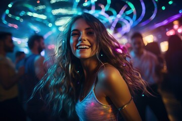 Portrait of young beautiful woman dancing in night club with lights.