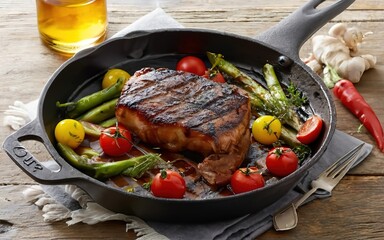 Grilled beef steak with vegetables, carrots, plump cherry tomatoes and broccoli in a rusty iron skillet
