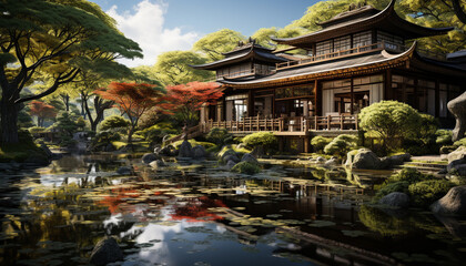 Fototapeta na wymiar Tranquil autumn pond reflects ancient pagoda in Japanese garden generated by AI