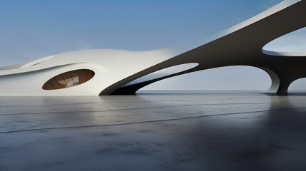 3d render of abstract futuristic architecture with empty concrete floor. Scene for car and motorcycle 