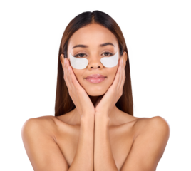 Portrait, eye patches or woman with cosmetics, dermatology and shine isolated on transparent background. Face, person or girl with anti aging, smile or skincare with wellness, png or collagen product