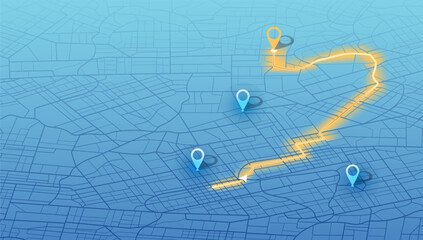 Isometric. The path from a point to the intended goal, many destinations, signs. main road throughout map. Navigation mapping technology for obtaining data on distance and turns of the path. Vector