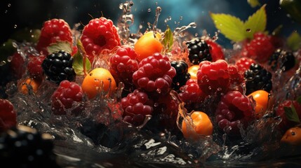 Delicious sweet glowing ripe berries raspberries strawberries blackberries cherry citrus oranges...