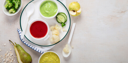 Baby food. Colorful vegetable and fruit puree.