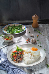Thai food : stir-fried beef and basil or call 