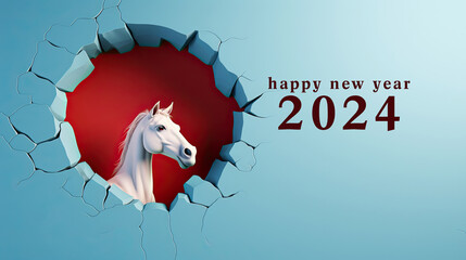 generated illustration pony looking through a hole torn from a wall . greeting 2024