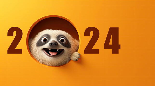 generated illustration of cute sloth peeking out of a hole in wall, torn hole greeting 2024