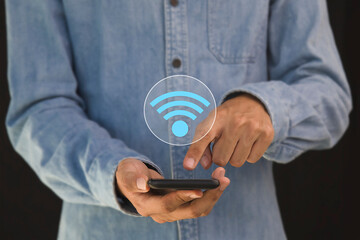Use business smartphone with wifi icon, business communication social network concept.	