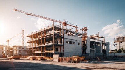 Fototapeta na wymiar Construction background: A Construction site of large residential commercial building, some already built, large metal structure with bright sky background.