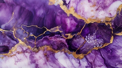 Luxury purple and gold stone marble texture. Alcohol ink technique abstract background. Modern paint with glitter marble texture. generative AI.