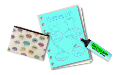 An illustrated multilingual shopping list next to a pink pen and purse with multilingual graphics.