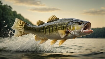 Largemouth bass is jumping to catch a bait - obrazy, fototapety, plakaty