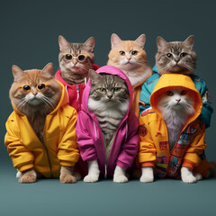 Group of different cats in raincoat and raincoat. Studio shot,Generative AI