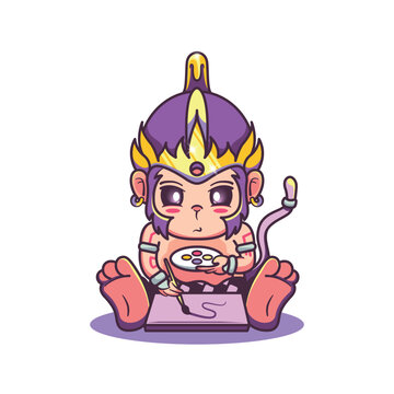 Cute monkey hanoman painting cartoon vector illustration