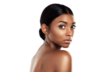 Portrait, skincare and serious woman with natural beauty isolated on a transparent png background. Face, Indian person and cosmetics, spa facial and dermatology, wellness and healthy glow of body