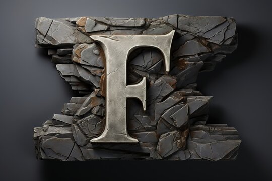 Stone letter F alphabet in cracked rock. Natural typography logotype minimalism