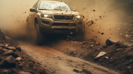 A 4x4 tire aggressively splashes through a muddy gravel patch, captured from a front angle with rack focus. The natural lighting and foggy backdrop add a mysterious aura to this dynamic off-road scene - obrazy, fototapety, plakaty