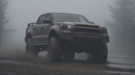 Fototapeta na wymiar A 4x4 tire aggressively splashes through a muddy gravel patch, captured from a front angle with rack focus. The natural lighting and foggy backdrop add a mysterious aura to this dynamic off-road scene