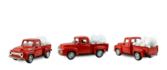 Three red cars carrying white snow balls isolated on white background. Isolated objects from different sides, white balls in the back of a pickup truck © Александра Алероева