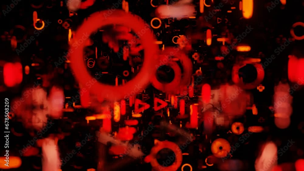 Poster camera pans through endless rows of red flashing figures on a black background. 3d render