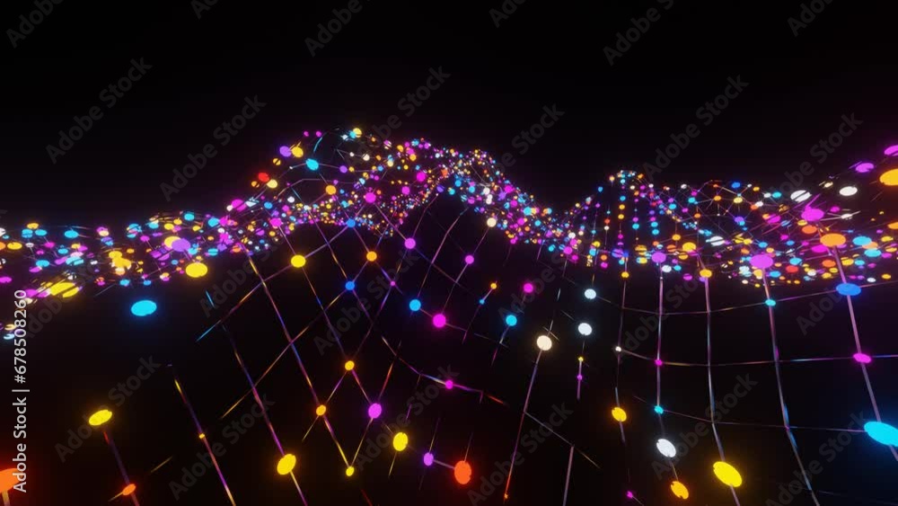 Aufkleber multi-colored luminous spheres on a moving metal grid. looping abstract animated background. 3d rend