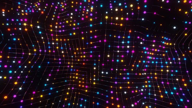 multi-colored luminous spheres on a moving metal grid. looping abstract animated background. 3d render