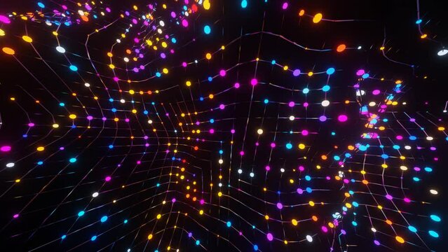multi-colored luminous spheres on a moving metal grid. looping abstract animated background. 3d render