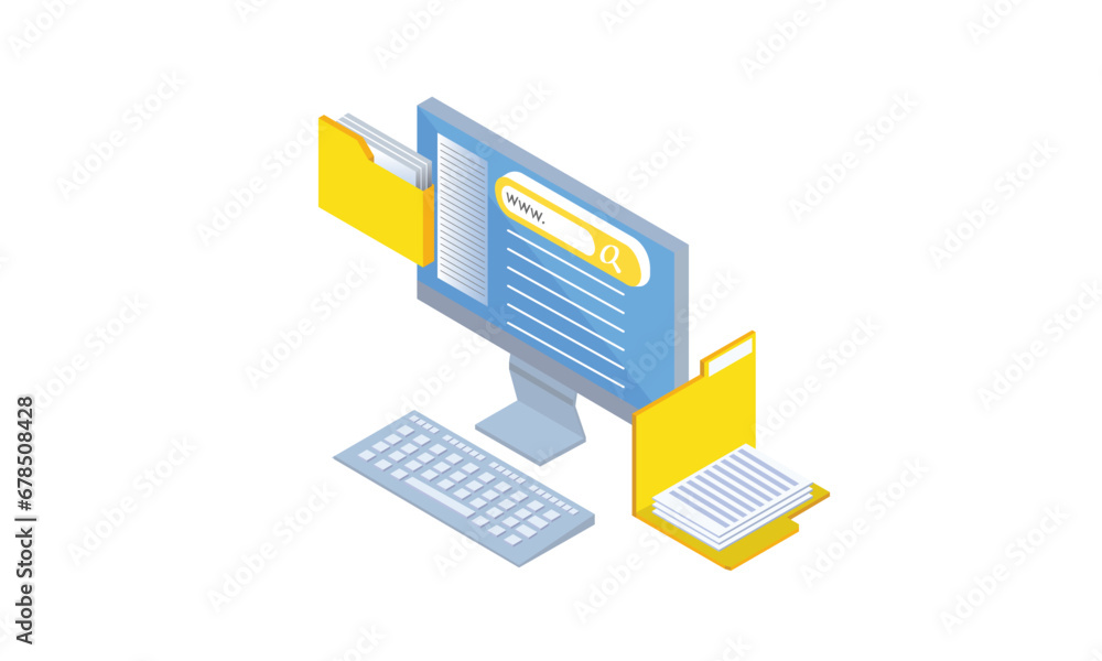 Poster isometric working in front of computer.on white background.3d design.isometric vector design illustr