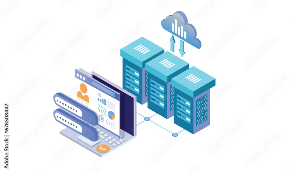 Poster isometric conceptual template with laptop connected to server racks. scene for cloud storage service