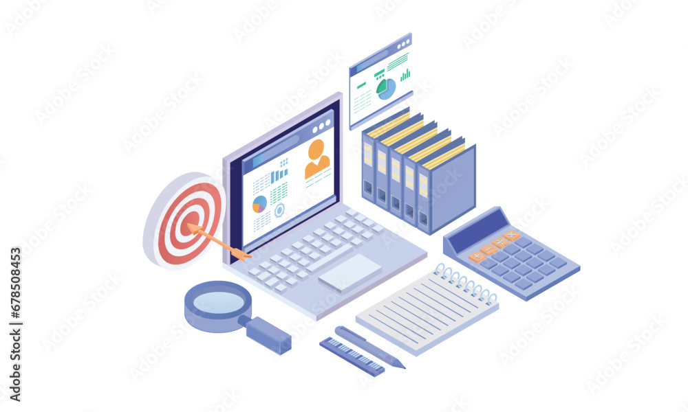Poster isometric auditing, analysis, accounting, calculation, document analysis with graphs, charts on lapt