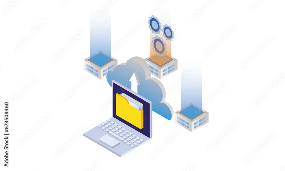 Aufkleber isometric conceptual template folder on laptop computer screen. scene for cloud computing technology