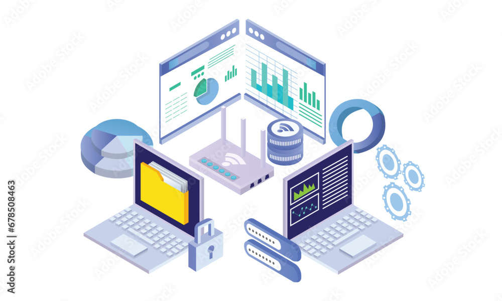 Poster isometric cloud computing technology, online digital data analysis.on white background.3d design.iso