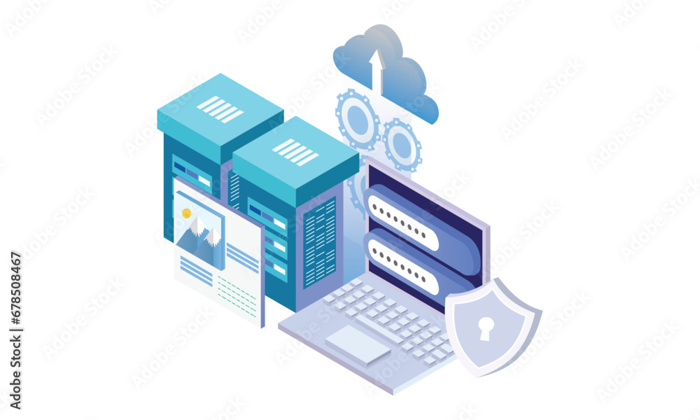 Poster isometric cloud server security and password.on white background.3d design.isometric vector design i