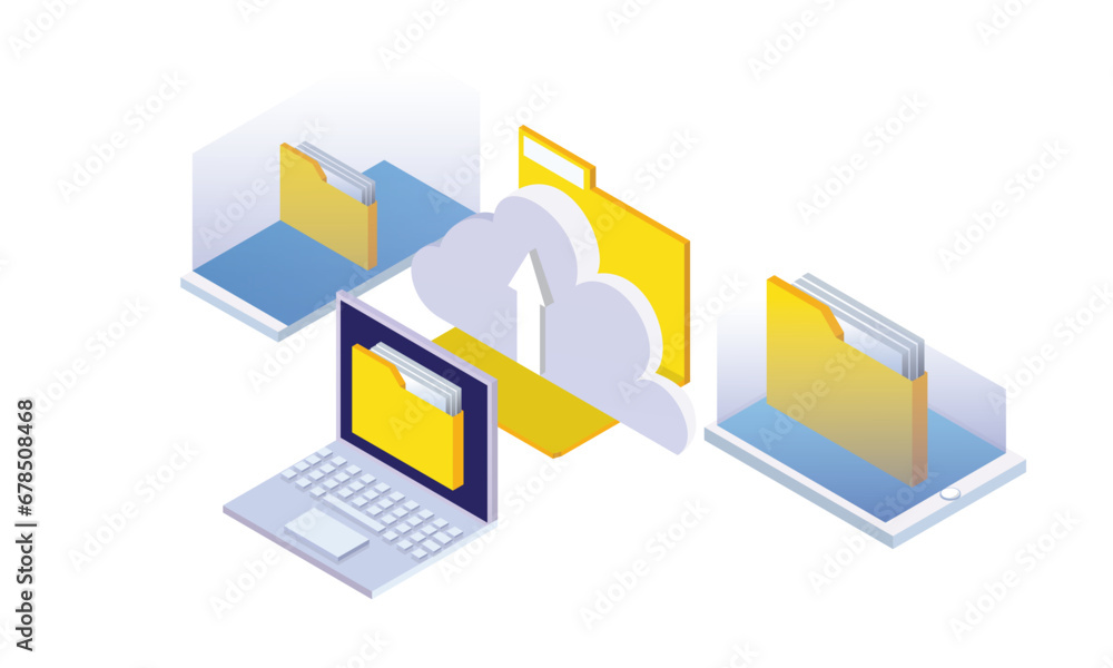 Poster isometric conceptual template with cloud with folder surrounded by laptop computer, smartphone and t